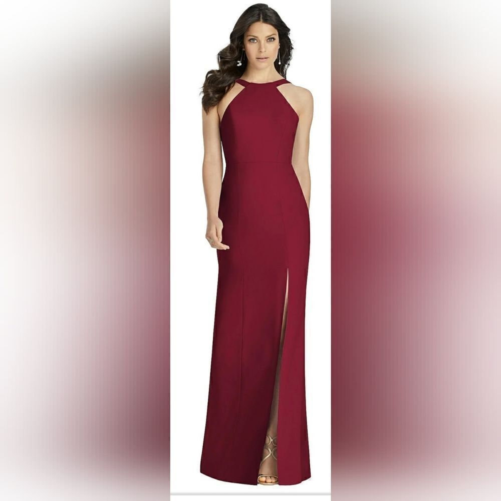Dessy Collection High-Neck Backless Crepe Trumpet Gown 3039 NWOT size 4 burgandy
